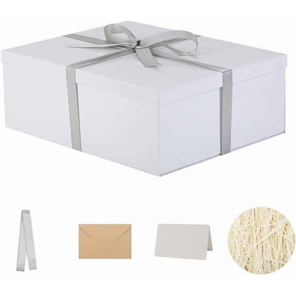 Extra Large Gift Box with Lid 17x13x6 Inches, White Boxes for presents Packaging Birthdays, Valentine's Day, Christmas, Anniversaries (Include Shredded Paper Fill, Envelope Card Ribbon)