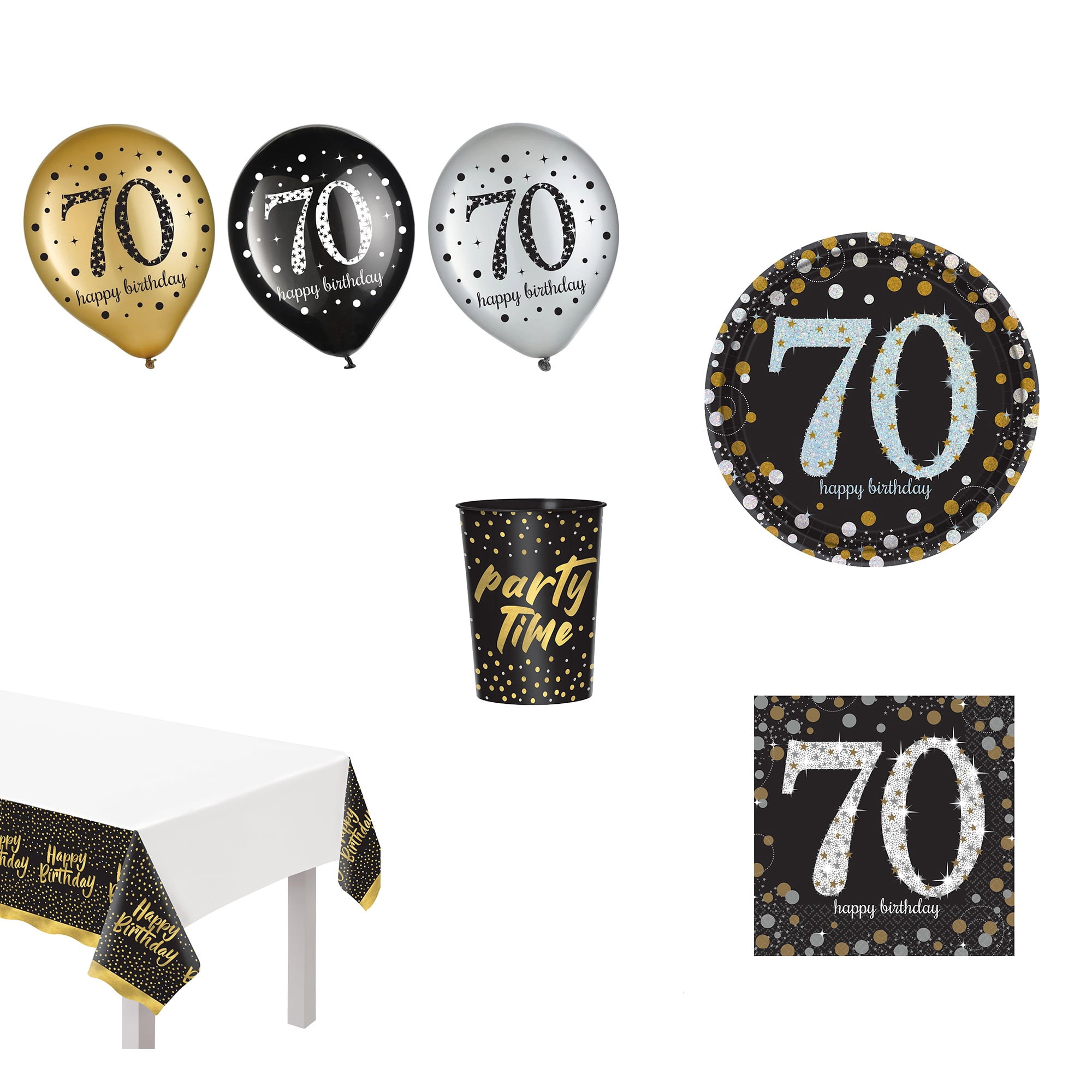 Amscan 70th Birthday Party Kit Table Cover Plates Cups Napkins & Latex Balloons