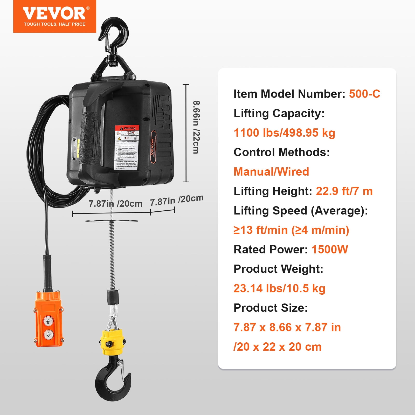 KFFKFF 2-in-1 Portable Electric Hoist Power Winch 1100 lbs Wired Remote Control