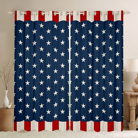 Manfei Vintage Star Stripe Kitchen Curtains, Retro USA Flag Pattern Black Out Curtains Pack of 2 (42x63 Each), Red White Blue