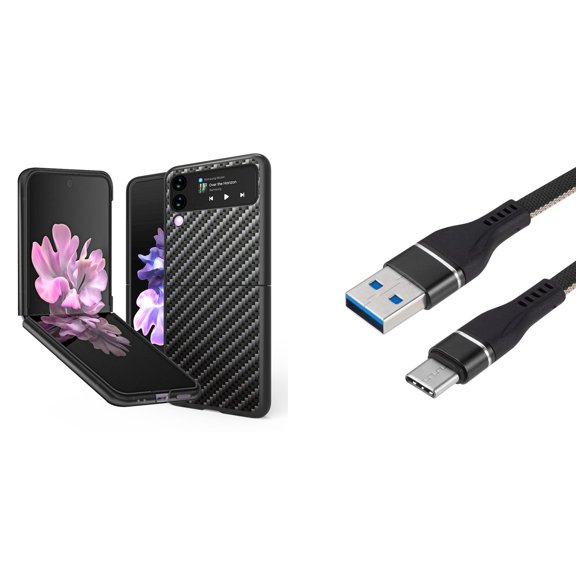 Bemz Premium Bundle for Samsung Galaxy Z Flip 3 5G: Slim Snap-On Protector Case (Carbon Fiber), Nylon Braided USB-C to USB-A Cable (3 Feet)