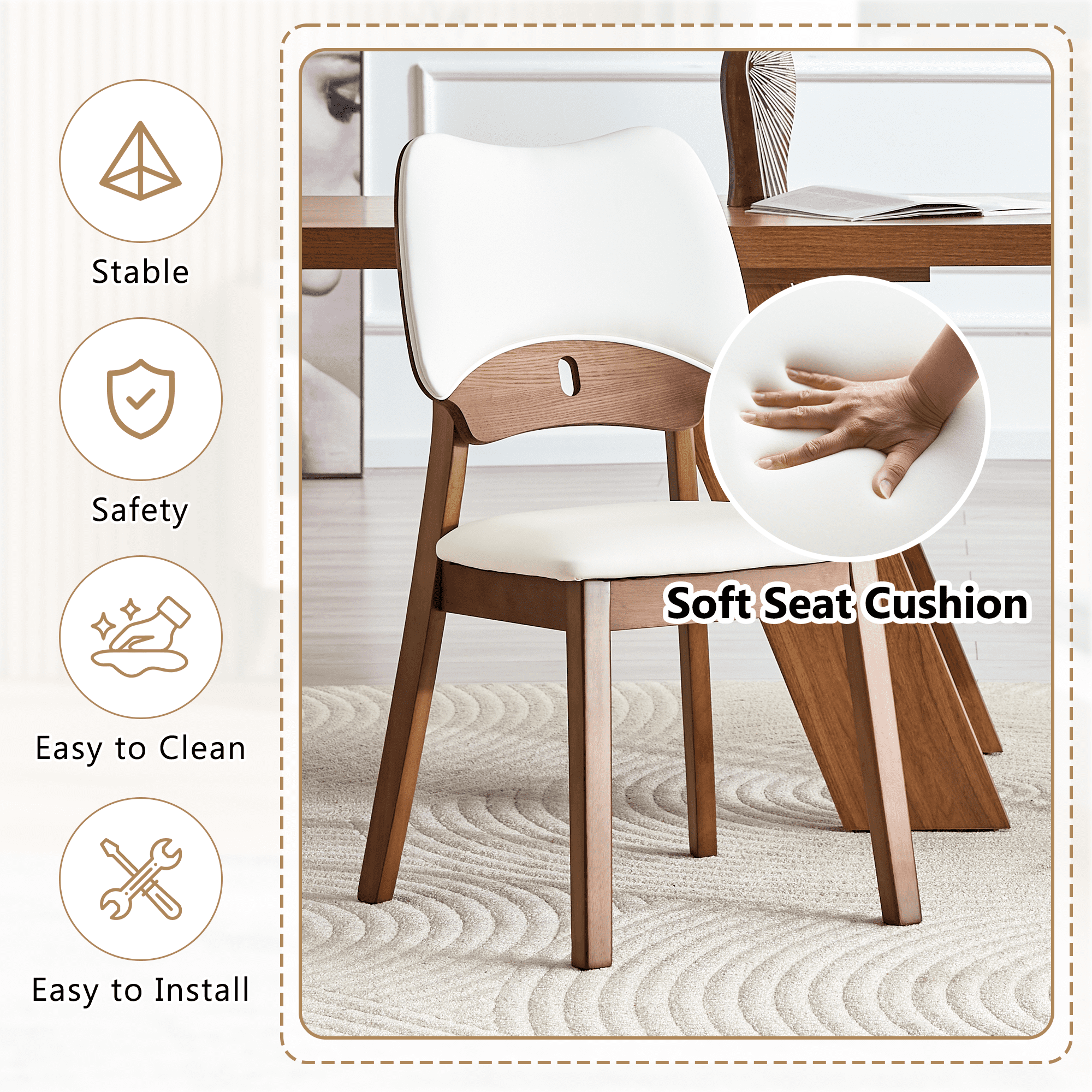 Leumius Dining Chairs Set of 2, White PU Soft Packaging on the Backrest and Seat Cushion, Hollowed Out Backrests for Kitchen Dining Room