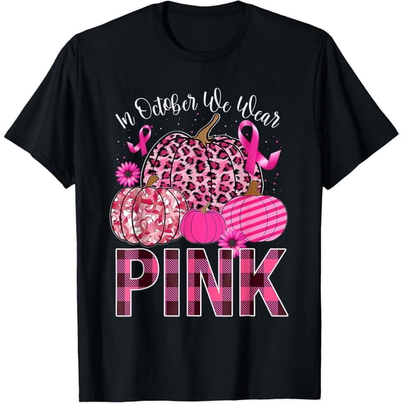 t-shirt In October We Wear Pink Ribbon Leopard Pumpkin Breast Cancer T-Shirt mens,black,women,funny,journey,Crew Neck, Short Sleeve,printing