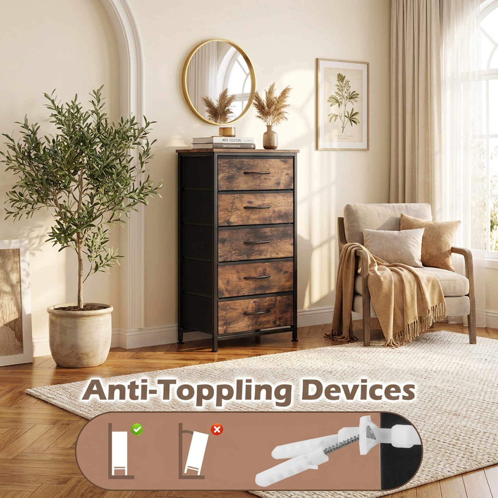 Furnibear 39 Inch Tall Nightstand with Integrated Charging Station and 5 Fabric Drawers