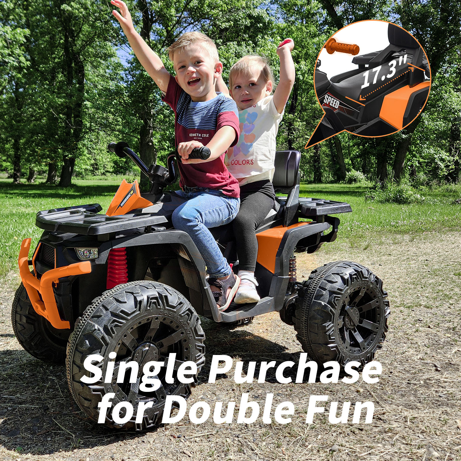 Hikiddo 24V Ride on Toys, Kids ATV 4-Wheeler for Big Kids with 2 Seater, 400W Motor, Bluetooth - Orange