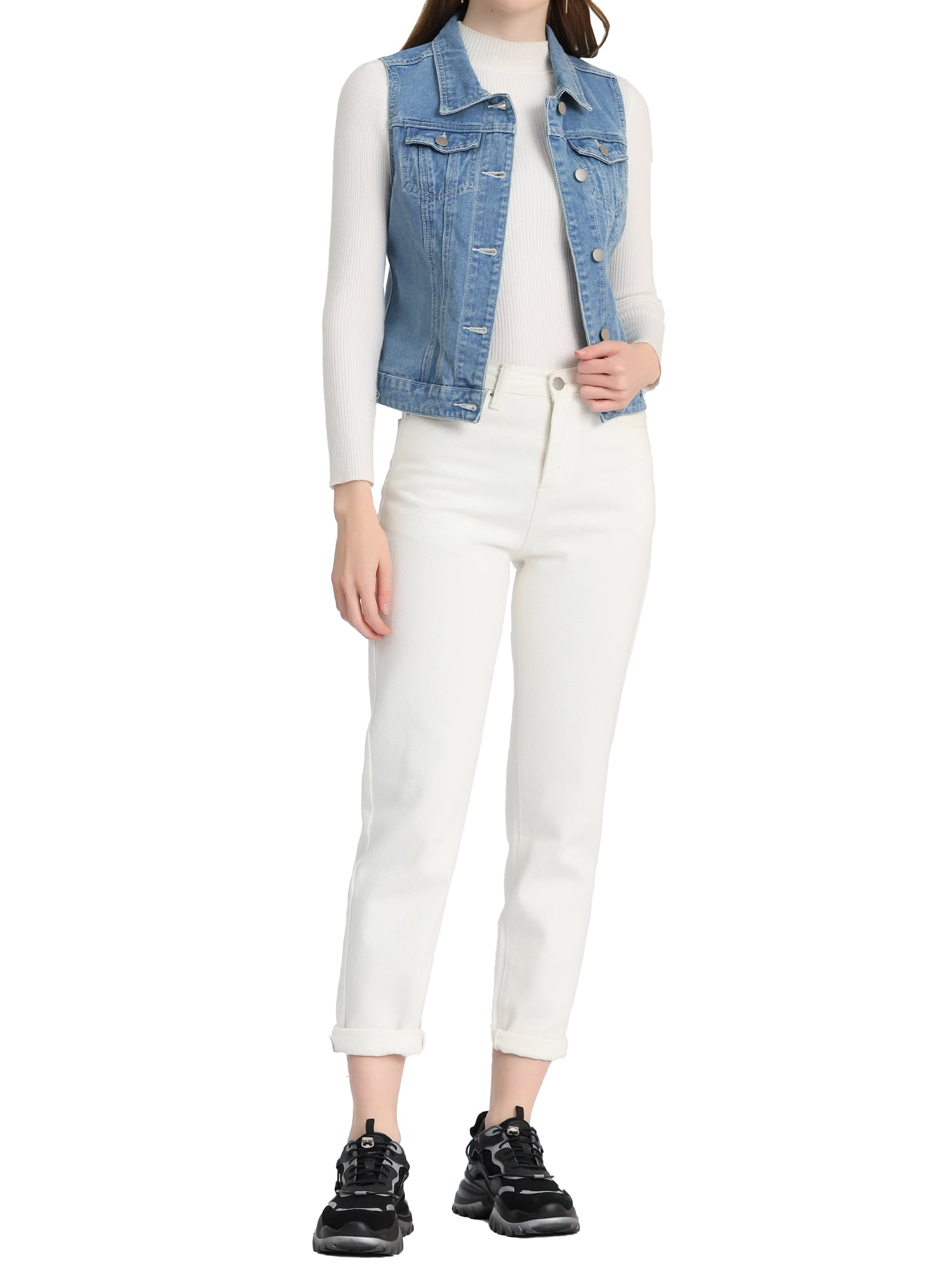 DARING DIVA Women's Denim Sleeveless Flap Pockets Vest Jacket S Light Blue-B