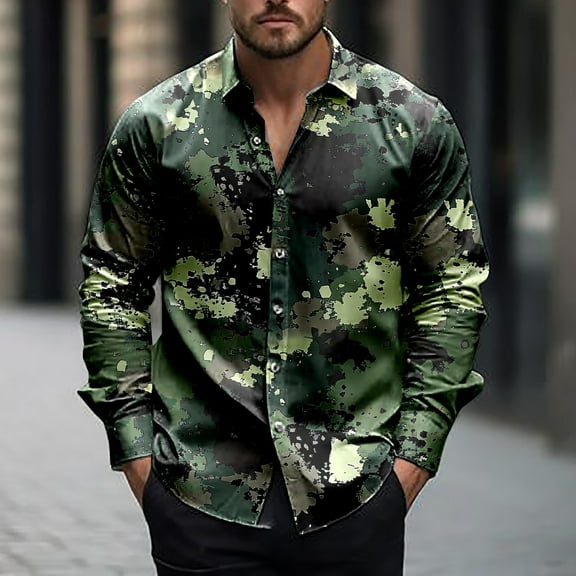 ZRGHAOYLQ Long Sleeve Camo Shirts for Men Big And Tall Button Down Shirts Lapel Collared Vintage Camouflage Print Shirt Y2K