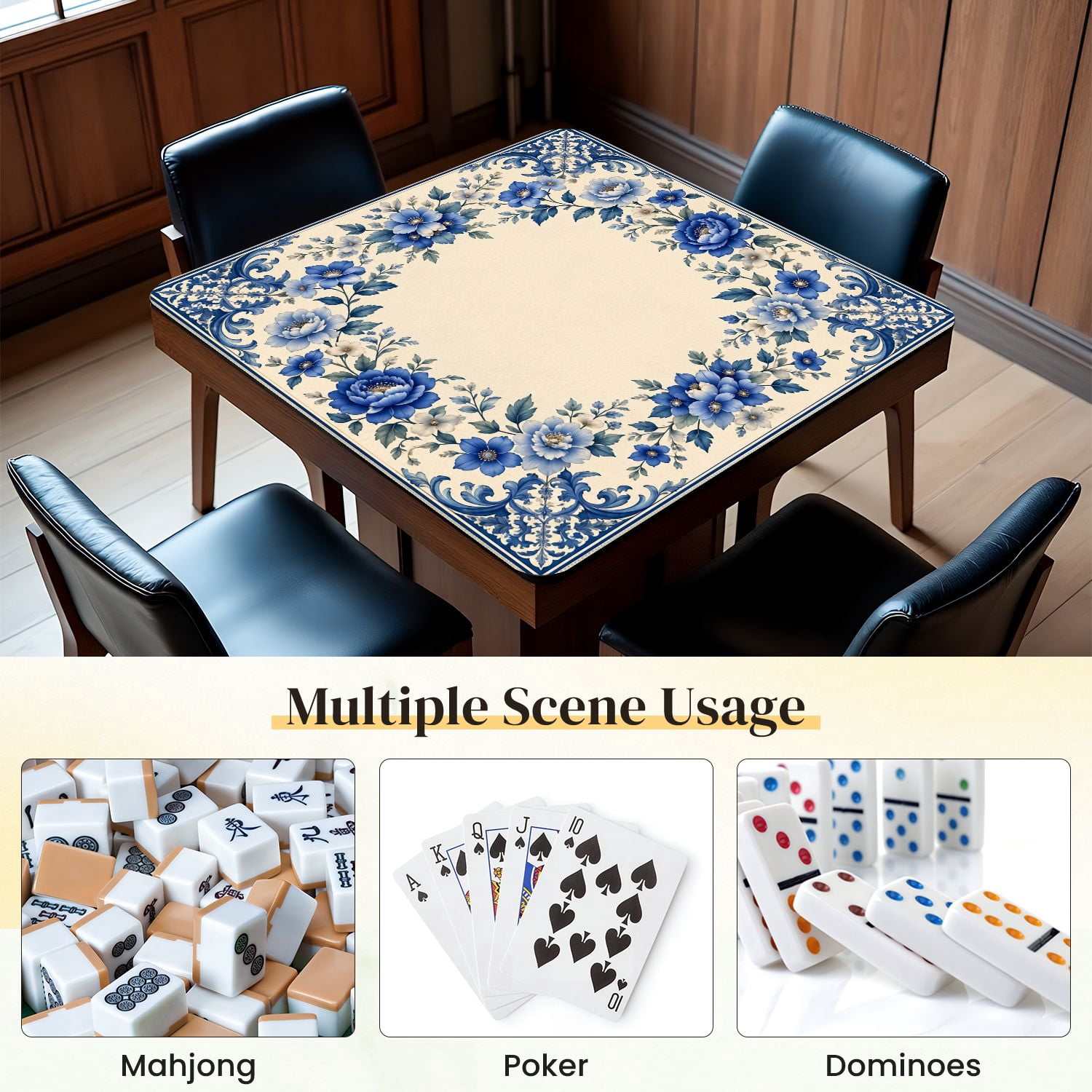 Mahjong Mat 31.5" x 31.5" Blue Floral Border Peonies Non-Slip Noise Reduction Mahjong Tiles Table Cover for Dominoes Poker Card Board and Tile Games