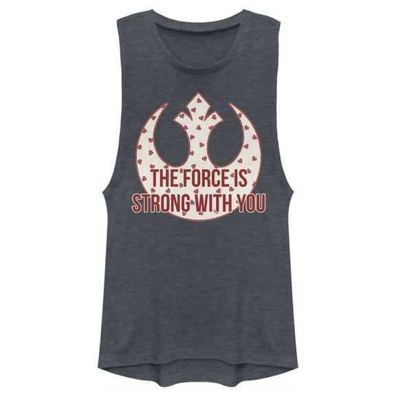 Junior's Star Wars The Force Is Strong Valentine Rebel Logo Festival Muscle Graphic Tee Denim Blue Heather Medium