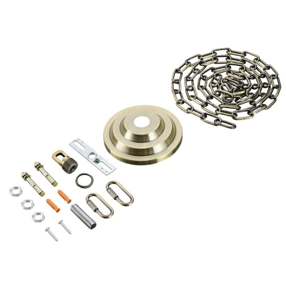 Aspen Creative 21520-21 Transitional Fixture Canopy Kit, 5-1/4" Diameter with Collar Loop, 1" Center Hole, Antique Brass, 6Ft Heavy Chain, 1 Sets/Pack