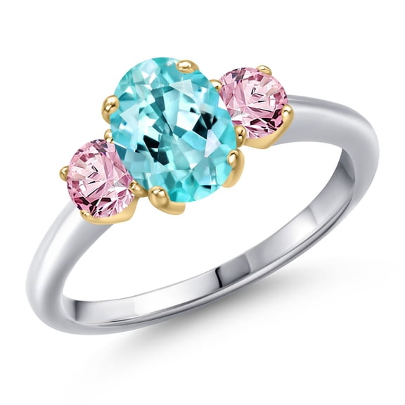 Gem Stone King 10K Two Tone Gold Blue Apatite and Pink Lab Grown Diamond Engagement Ring for Women | 1.70 Cttw | Oval 8X6MM | Gemstone Birthstone | Size 6