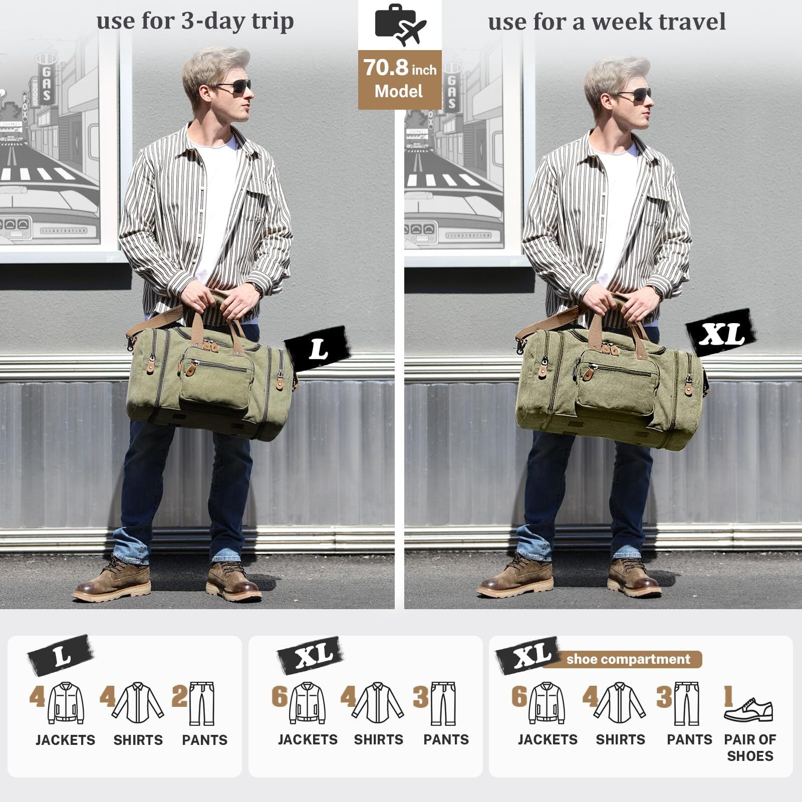 Gonex 50L Canvas Duffel Bags 24" Expandable Travel Overnight Weekender Bag for Men Women