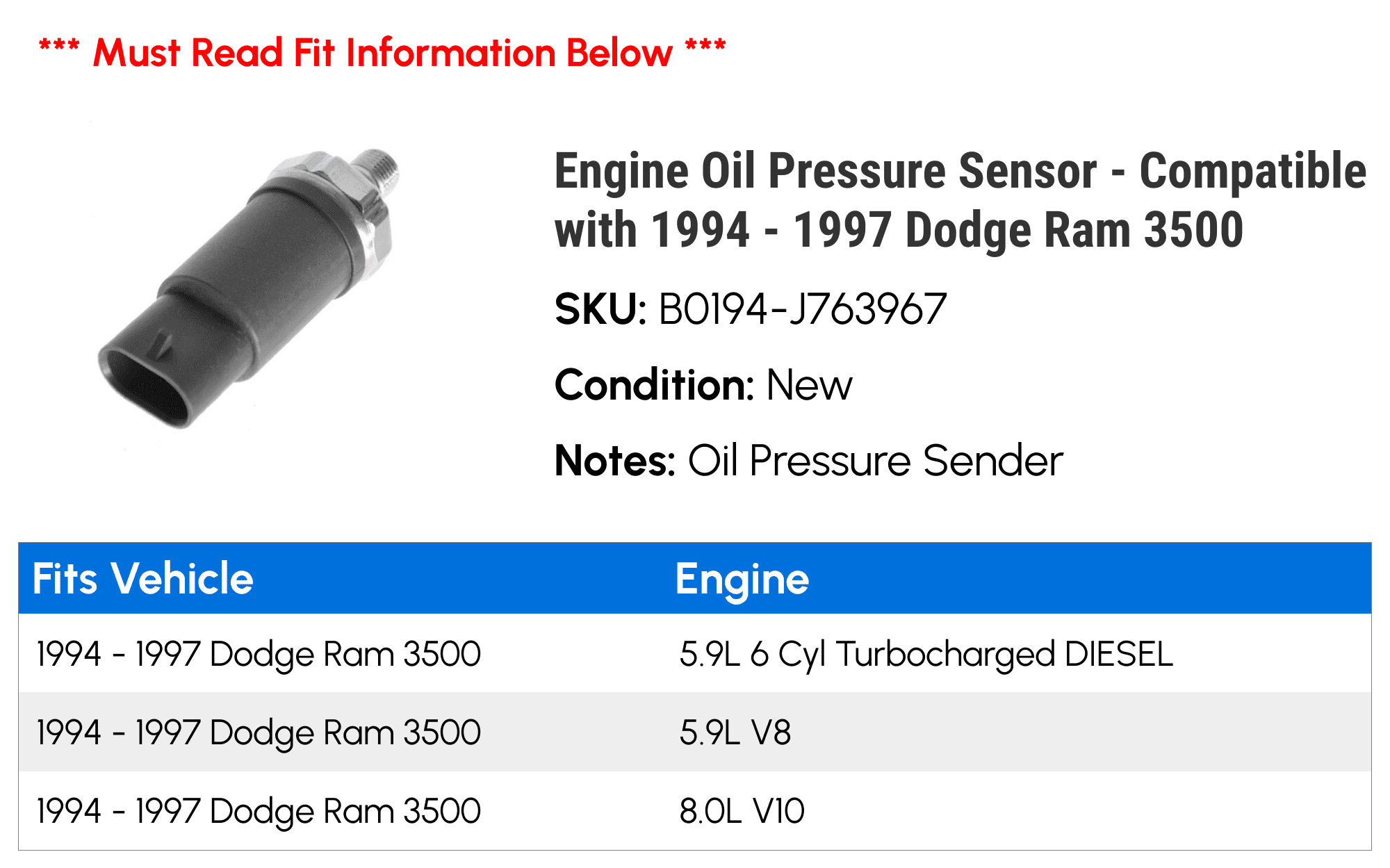 Engine Oil Pressure Sensor - Compatible with 1994 - 1997 Dodge Ram 3500 1995 1996