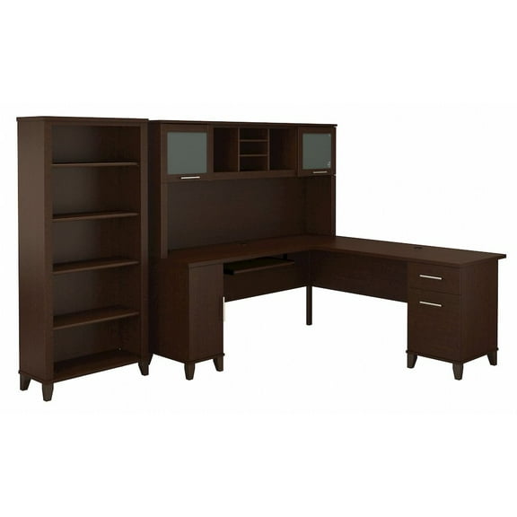Bush Furniture Somerset 72W L Desk with Hutch & 5 Shelf Bookcase in Cherry