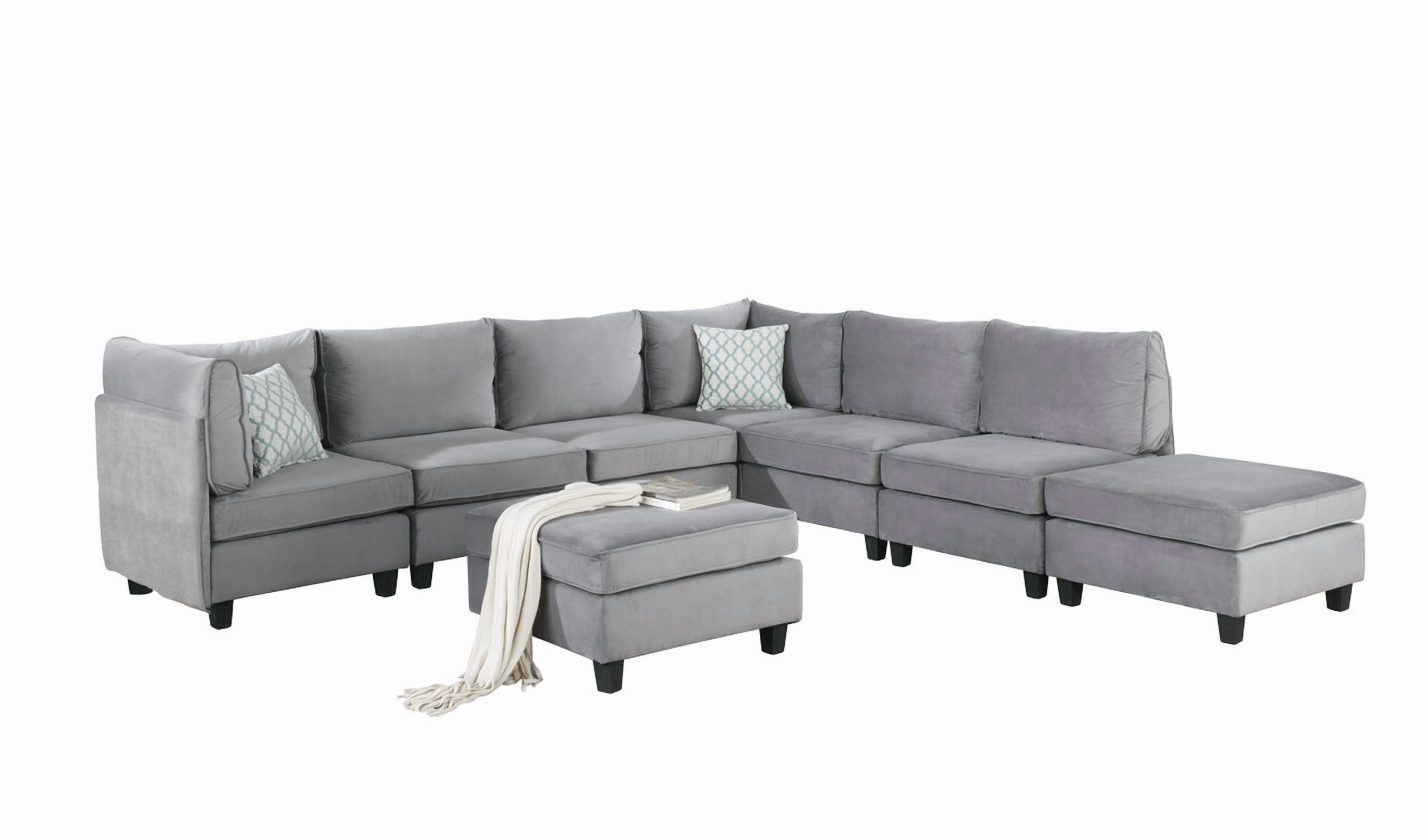 Howcool Cloud Couch Modular Sectional Sofa 6 Seater, 8‑Piece 120" U‑Shaped Velvet Couch, Reconfigurable Convertible Set with 2 Ottomans & Accent Pillows for Living Room, Gray