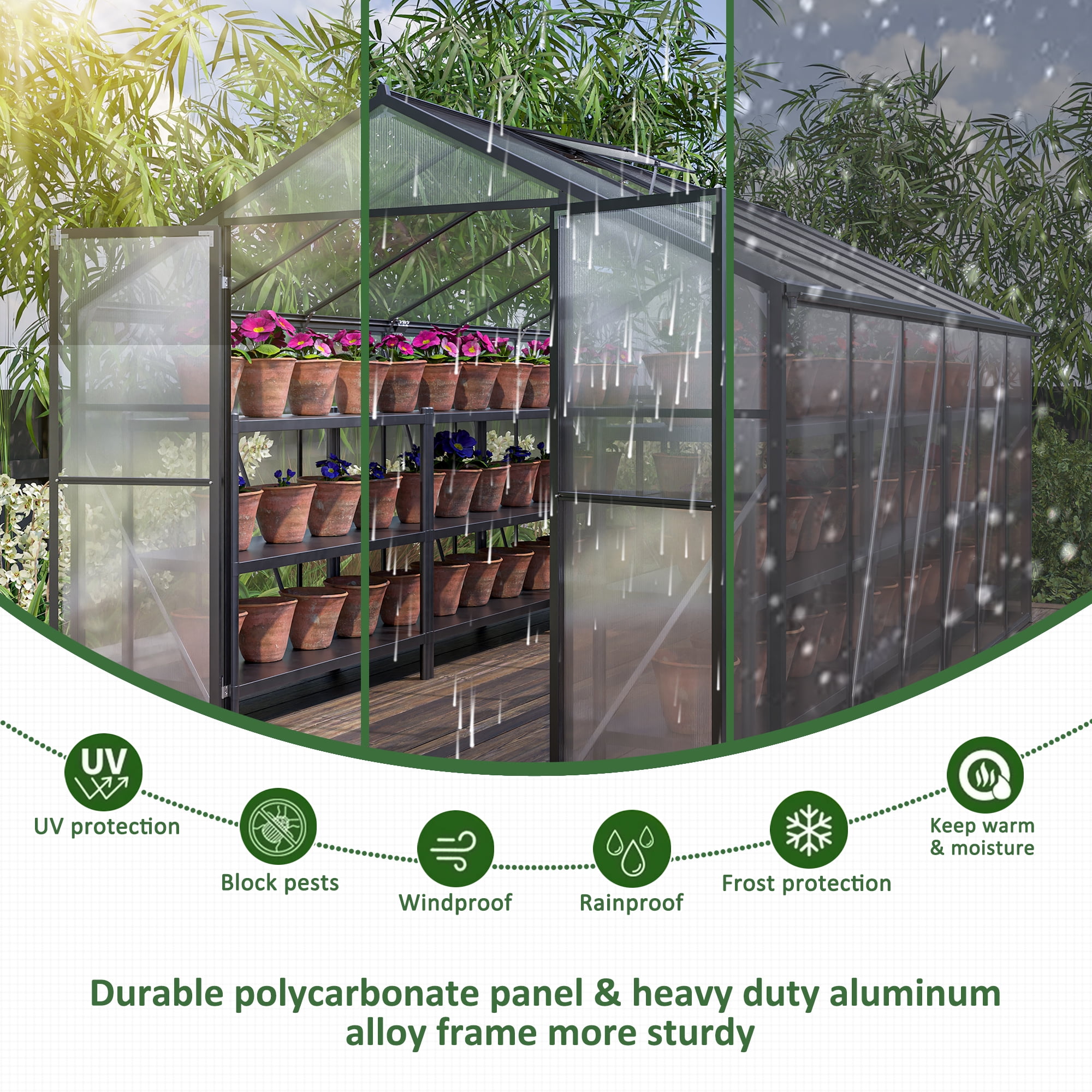 LZBEITEM 8x12 FT Greenhouse for Outdoors with Lockable Double Hinged Door 2 Vent Window, Quick Setup Polycarbonate Greenhouse, Walk-in Large Winter Greenhouse Sunroom Aluminum Greenhouse for Backyard