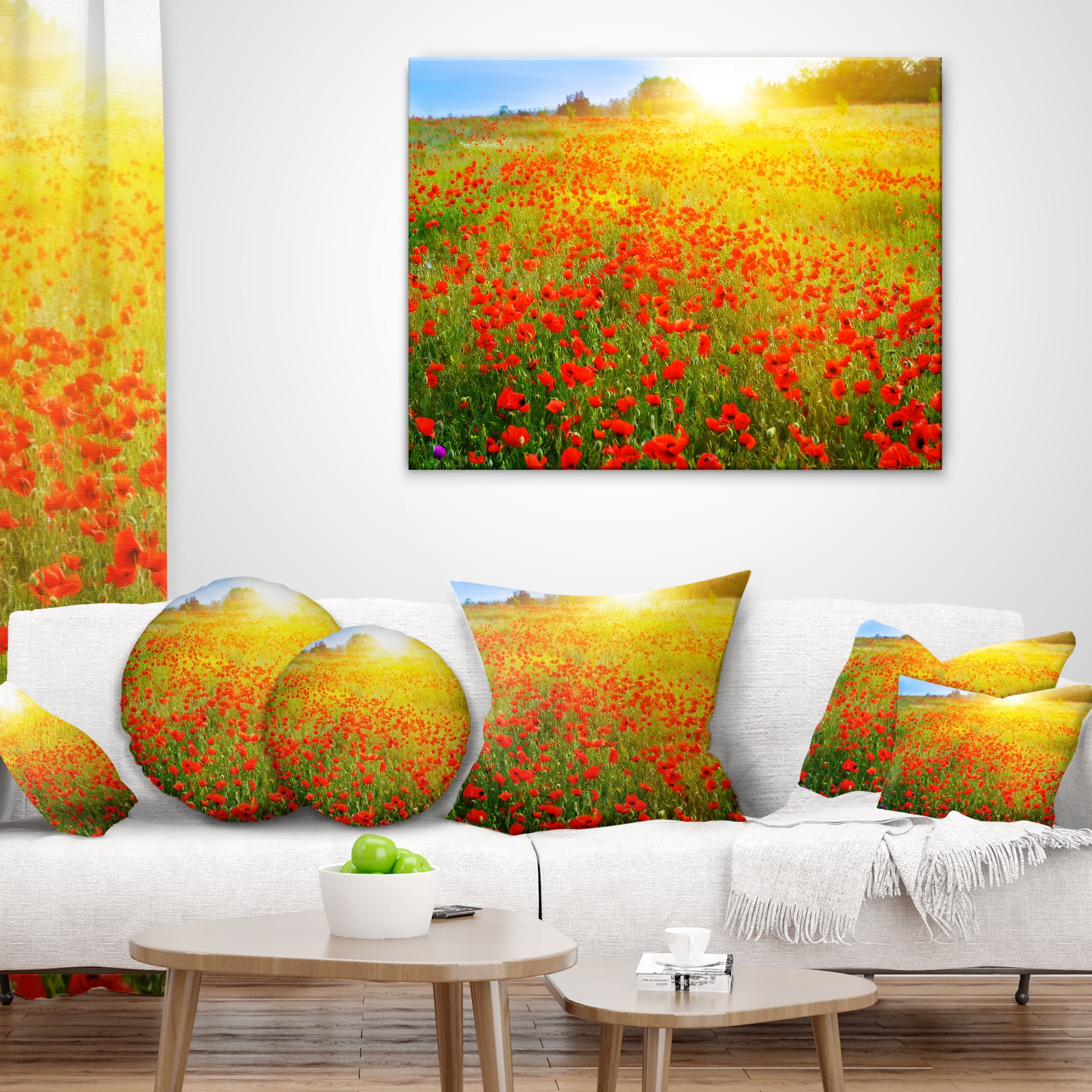 Designart Beautiful Sunshine over Poppy Fields - Floral Throw Pillow - 18x18