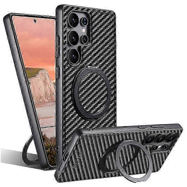 Funda para Samsung Galaxy S24 Ultra compatible con MagSafe, con textura de fibra de carbono, soporte giratorio y cubierta trasera de cuero.