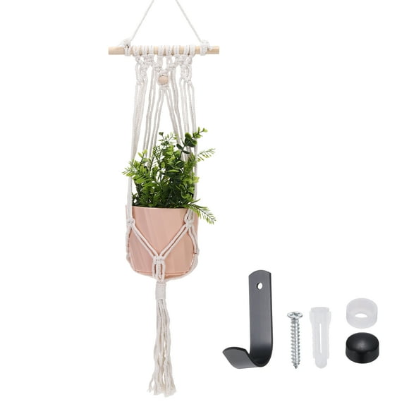 Uxcell Macrame Plant Hanger, 34 Inch Plant Hanger Indoor Outdoor Hanging Planter with Hook Tassels Decorative Crochet Cotton Rope for Home Decor Small Plants Pots,Wooden Bead Style Beige