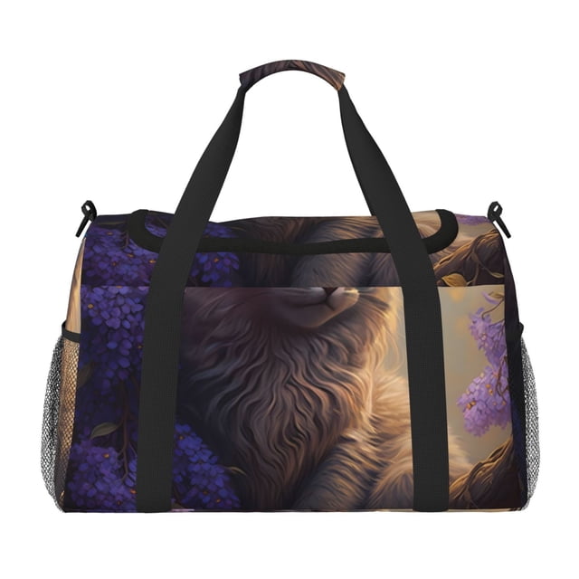 Disketp Purple Flower Lazy Cat Bolsa de Viaje Tipo Duffle, Bolso de Mano para Fin de Semana para Mujer, Bolsa de Gimnasio Ligera para Hombre, Esencial para Viajes