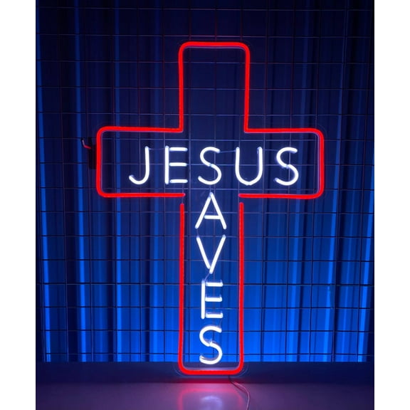 Glowneon Jesus Saves Cross Neon Sign, Jesus Save Cross Wall Art 20in x 13.7in For Room House
