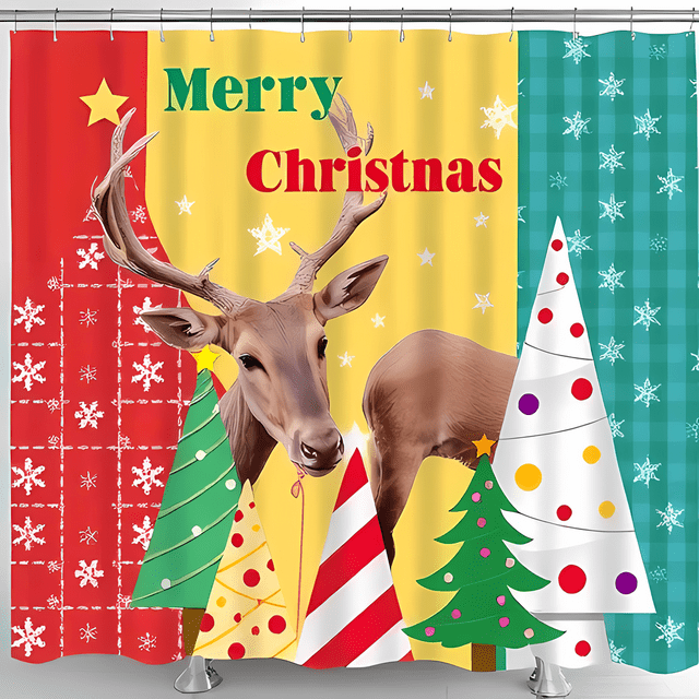 Cheerful Christmas Shower Curtain with Whimsical Deer Design & Festive Trees - Merry Christmas Decor