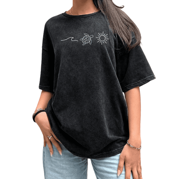 UNISHE Womens Ocean Turtle Sun Graphic Vintage Washed T-Shirt Short Sleeve Oversized Fit Black S-5XL Tops