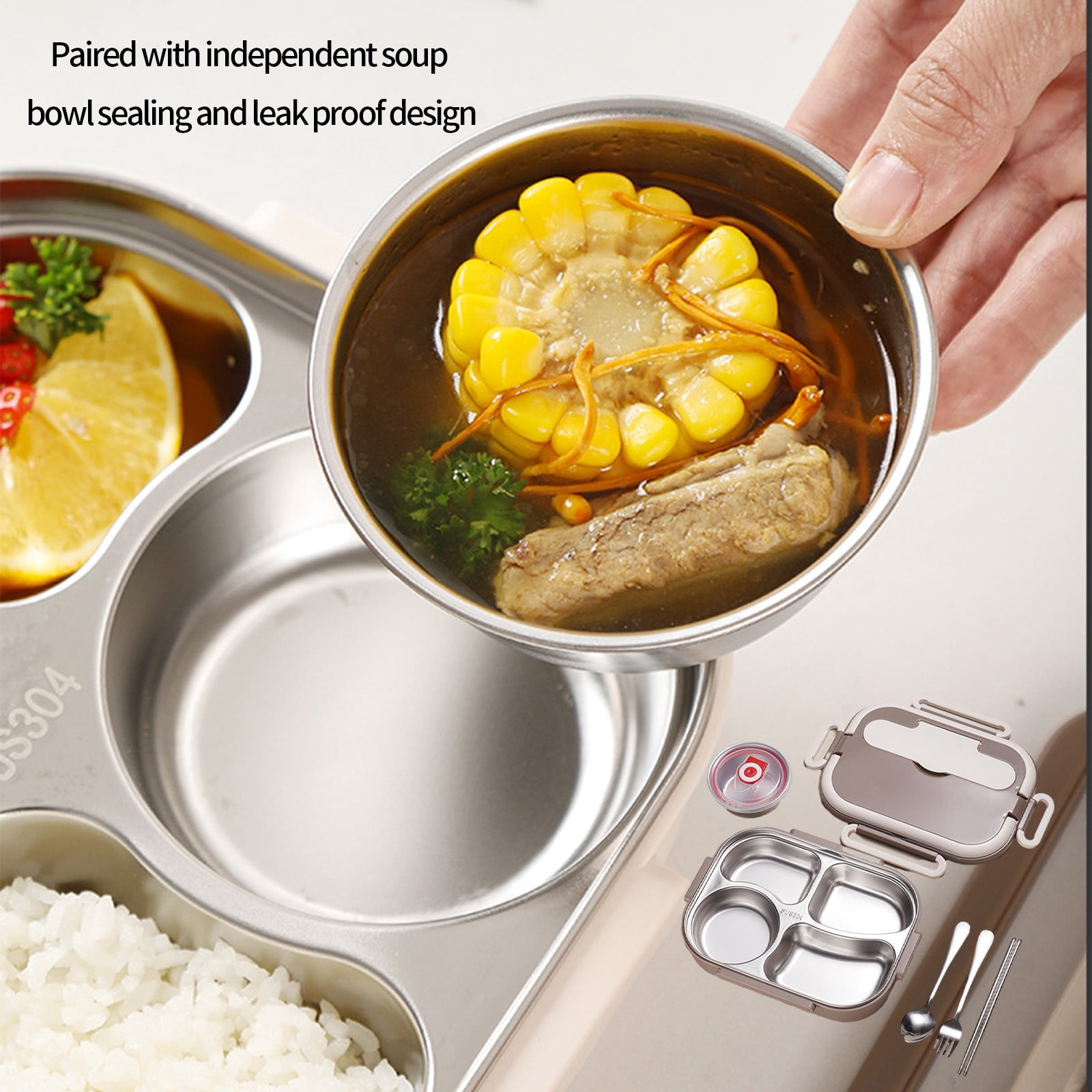 Stainless Steel Lunch Box for Adults - 4 Compartment Bento Box, Leak-Proof with Utensils & Soup Bowl, Large Capacity, Dishwasher & Freezer Safe