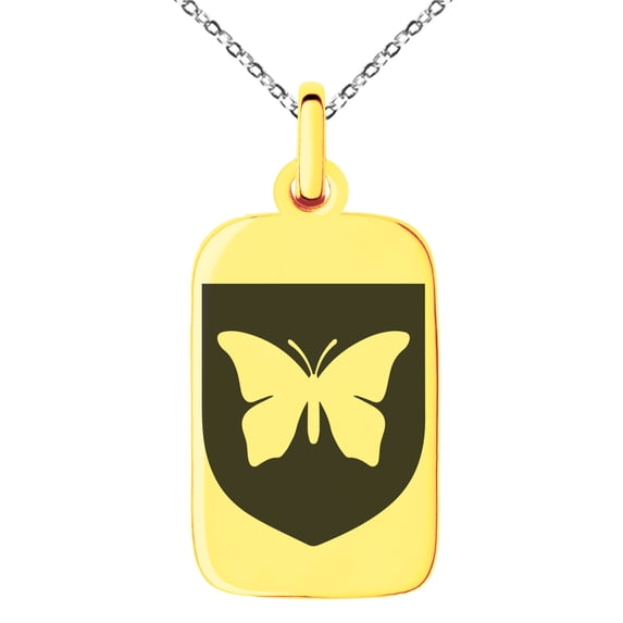Stainless Steel Butterfly Free Spirit Coat of Arms Shield Engraved Small Rectangle Dog Tag Charm Pendant Necklace