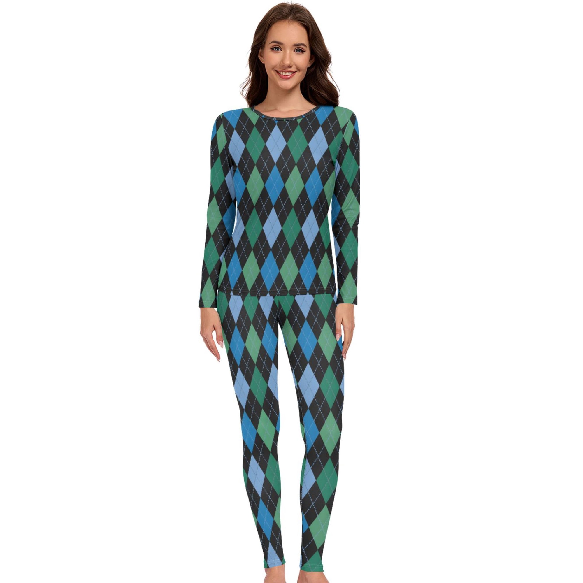 Women Blue Green Black Plaid Thermal Underwear Set 2 Piece Base Layer XX-Large