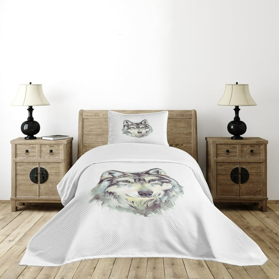 Ambesonne Wolf Quilted Bedspread Set 2 Pcs, Hand Drawn Canine Head, Twin Size, Pale Green Umber