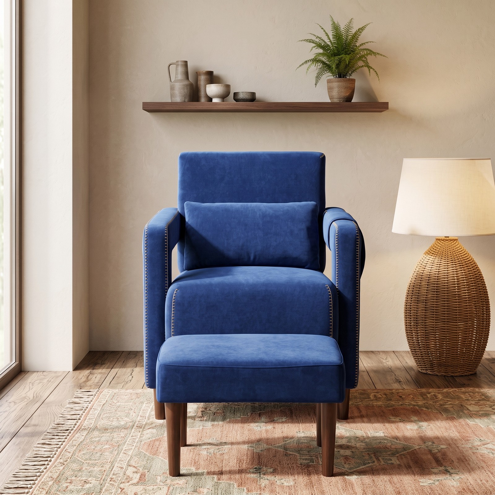 Furnibear Modern Berber Fleece Accent Chair with Ottoman and Waist Pillow, Upholstered Single Sofa Chair with Side Storage Bag for Living Room Bedroom Reception, Blue