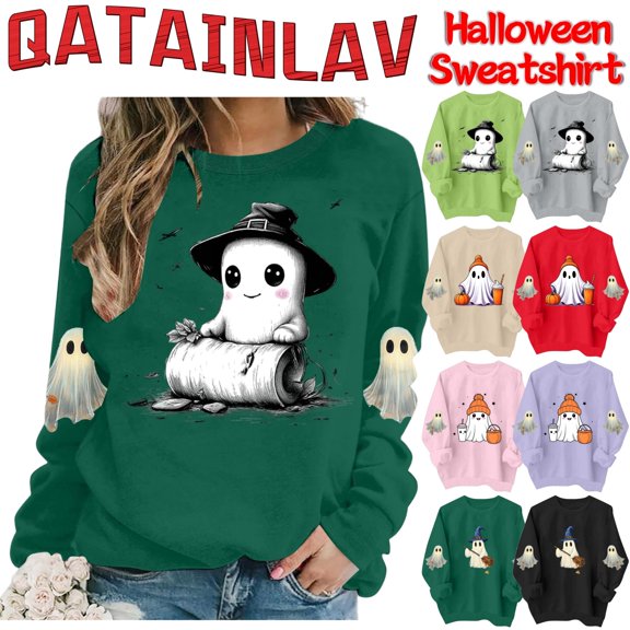QATAINLAV Halloween Sweatshirts for Women Cute Ghost Pumpkin Graphic Tops Fall Crewneck Long Sleeve Shirt Khaki XL