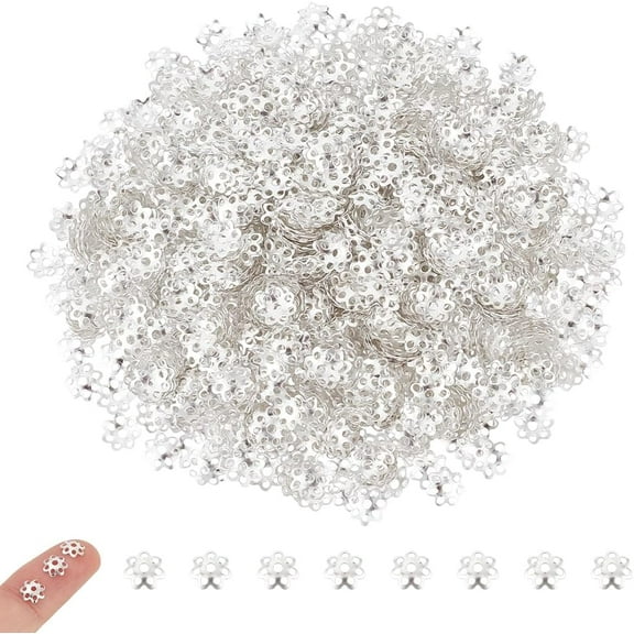 About 2000Pcs Silver Bead Caps Filigree Loose Spacer Beads 6mm Iron Flower End Caps Metal Multi-Petal Bead Caps Necklace Making Bead Caps for Jewelry Making Crafts Silver