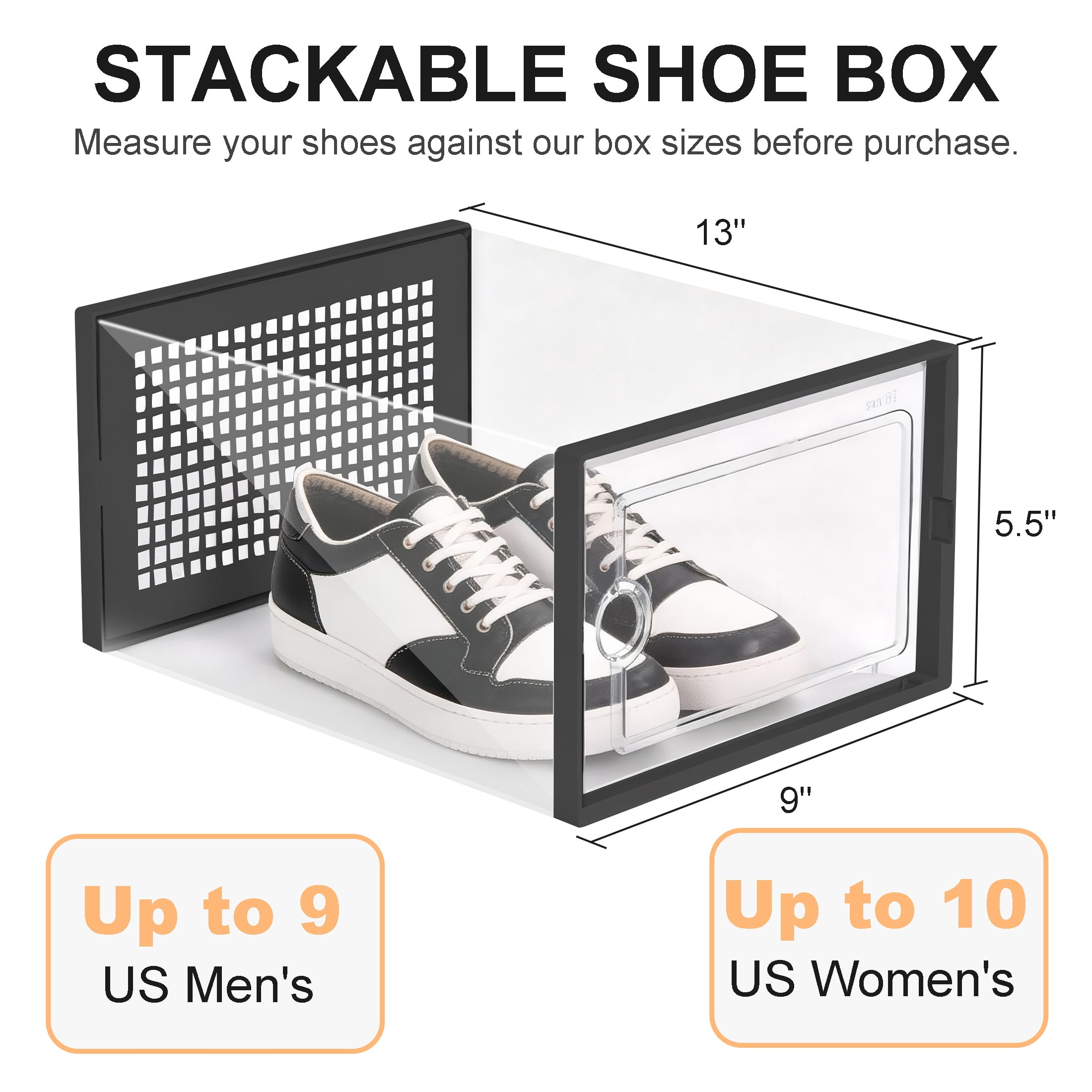 GARITIN Stackable Shoe Storage Boxes 12 Pack, Clear Plastic Sneaker Containers, Shoe Rack & Holder Substitute, Versatile Storage Bins for Closet, Entryway, Under Bed, Black