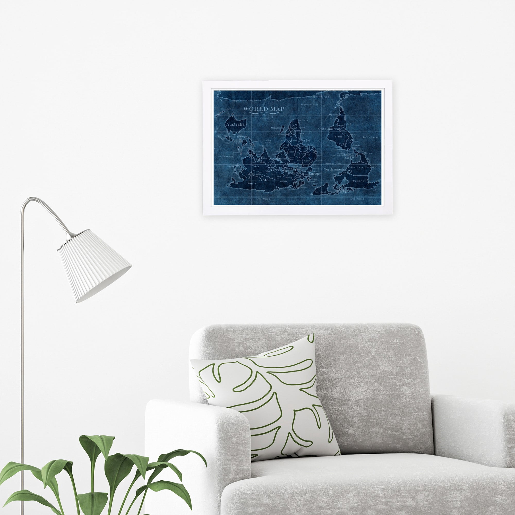 Wynwood Studio 'Upside-Down Map of the World' Maps and Flags Framed Wall Art Print - Blue, Blue