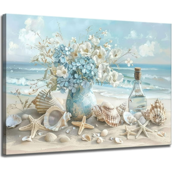 VELVET Blue Ocean Beach Bathroom Canvas Wall Art Seaside Seashell Painting Print Artwork Starfish with White Flower Coastal Picture Wall Decor for Living Room Bathroom Decoration 16x12inch Framed
