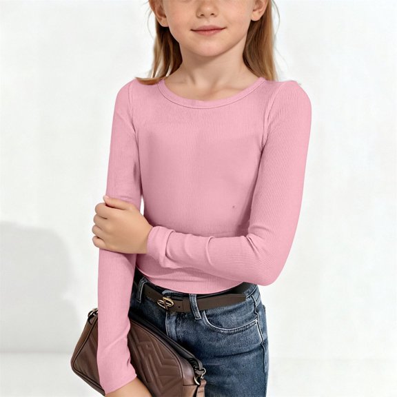 UACY Girls Long Sleeve Shirt Ribbed Stretchy Crew Neck Cute Pullover Tops Kids Toddler Summer Soft Slim T Shirt Clothes (Pink, 11-12 Years)