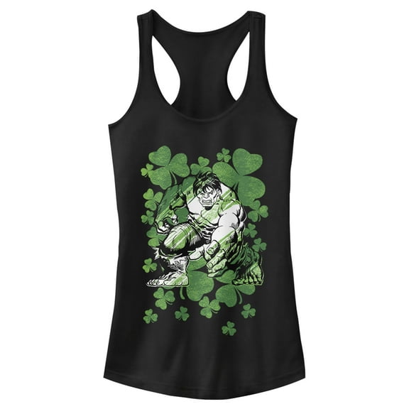 Junior's Marvel St. Patrick's Day Hulk Clover Field Racerback Tank Top Black X Small