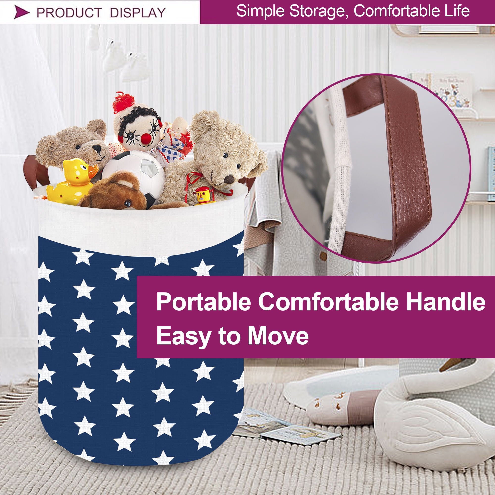 Sortora Large Laundry Hamper, Waterproof Canvas Laundry Basket, Collapsible Storage Basket Bin for Kids Room, Toy Organizer, Nursery Hamper, Clothes Hamper, Stars
