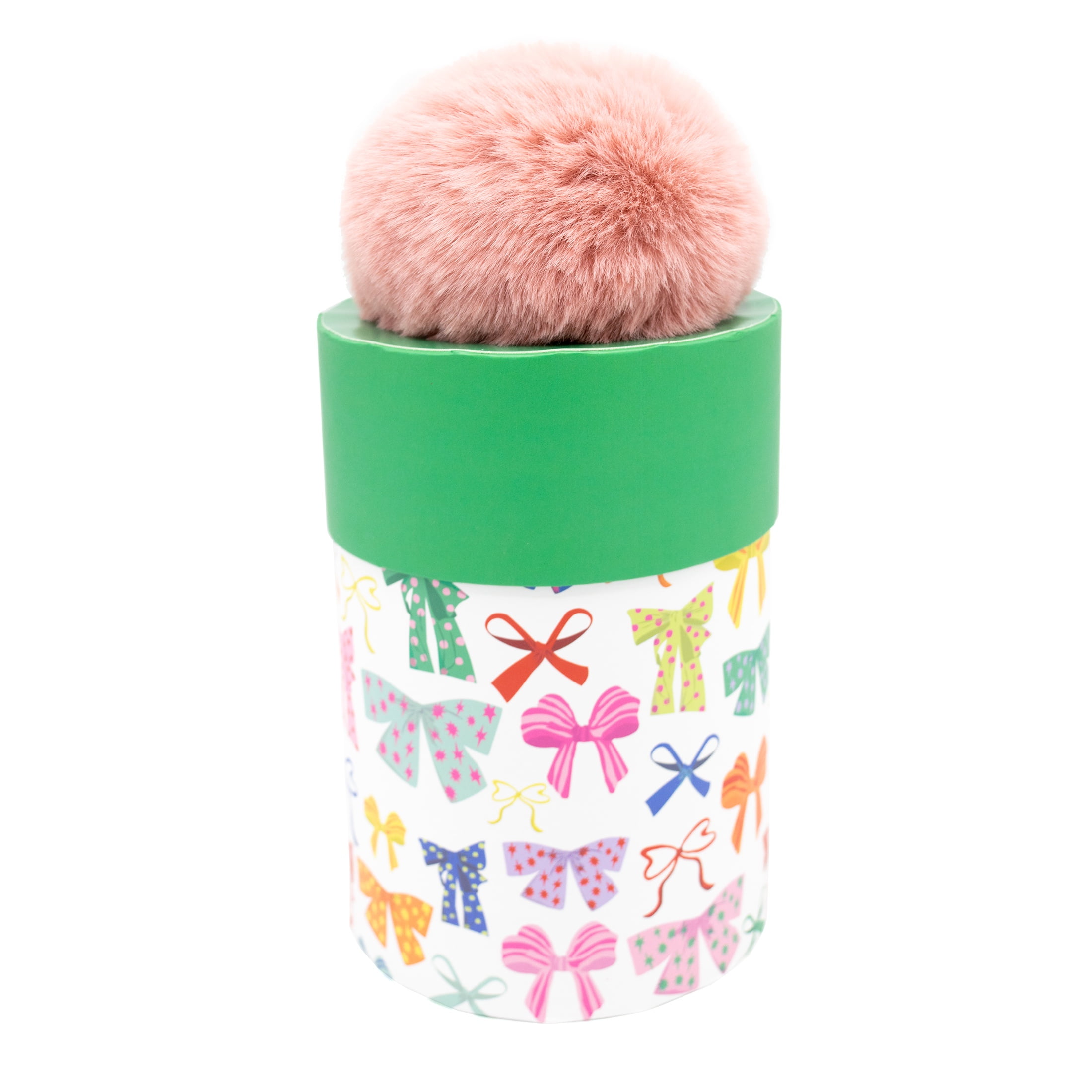 White and Multicolored Bow Themed Gift Box with a Green Top and a Pink Pom Holiday Time, HOLIDAY TIME PL BOW ROUND POM BOX