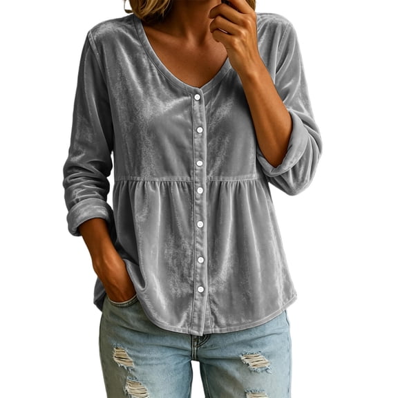 Long Sleeve Tops for Women Baeitkot V Neck Button Down Velvet Babydoll Shirt Loose Fit Tunic for Casual Fall Wardrobe Gray S