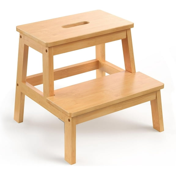Bamboo 2 Step Stool for Kids & Adults, Wooden Kids Step Stool for Bathroom & Kitchen, Bed Steps for High Beds, Portable with Handle, Non-Slip & 350 Ibs Capacity