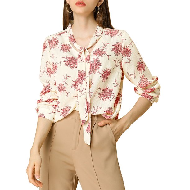 Allegra K Blusa Top Con Estampado Floral De Crisantemo Corbata Cuello V Manga Larga Para Mujer Beige XS Unique Bargains Blusa