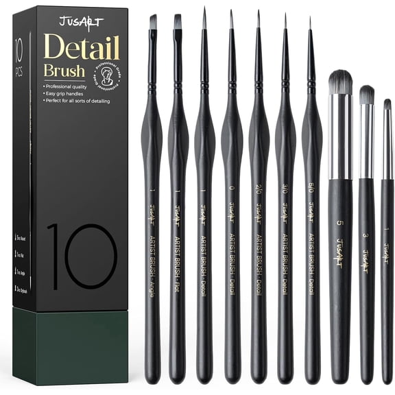 JusArt 10-Piece Detail Paint Brush Set, Miniature Paint Brushes for Models, Acrylic Oil Watercolor, Professional Fine Detail Brushes for Adults & Miniature Painters