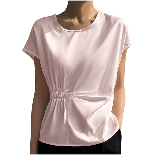 Plebaso Chemises Habillées pour Femmes Col Rond Manches Courtes Haut Décontracté Chemises Froncées Élégantes Blouses d'Été