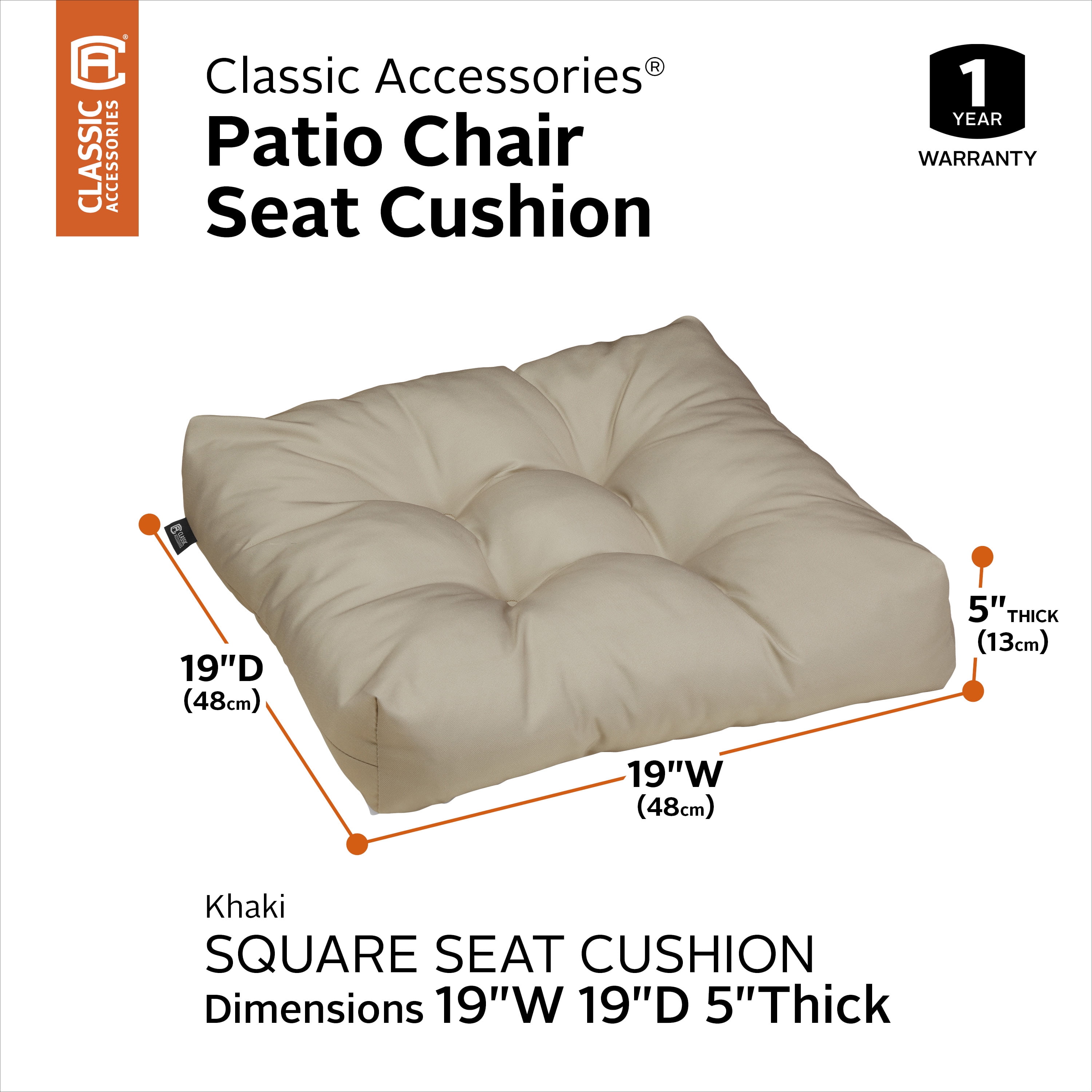 Classic Accessories Water-Resistant 19 x 19 x 5 Inch Square Patio Seat Cushion, Khaki, 2-Pack