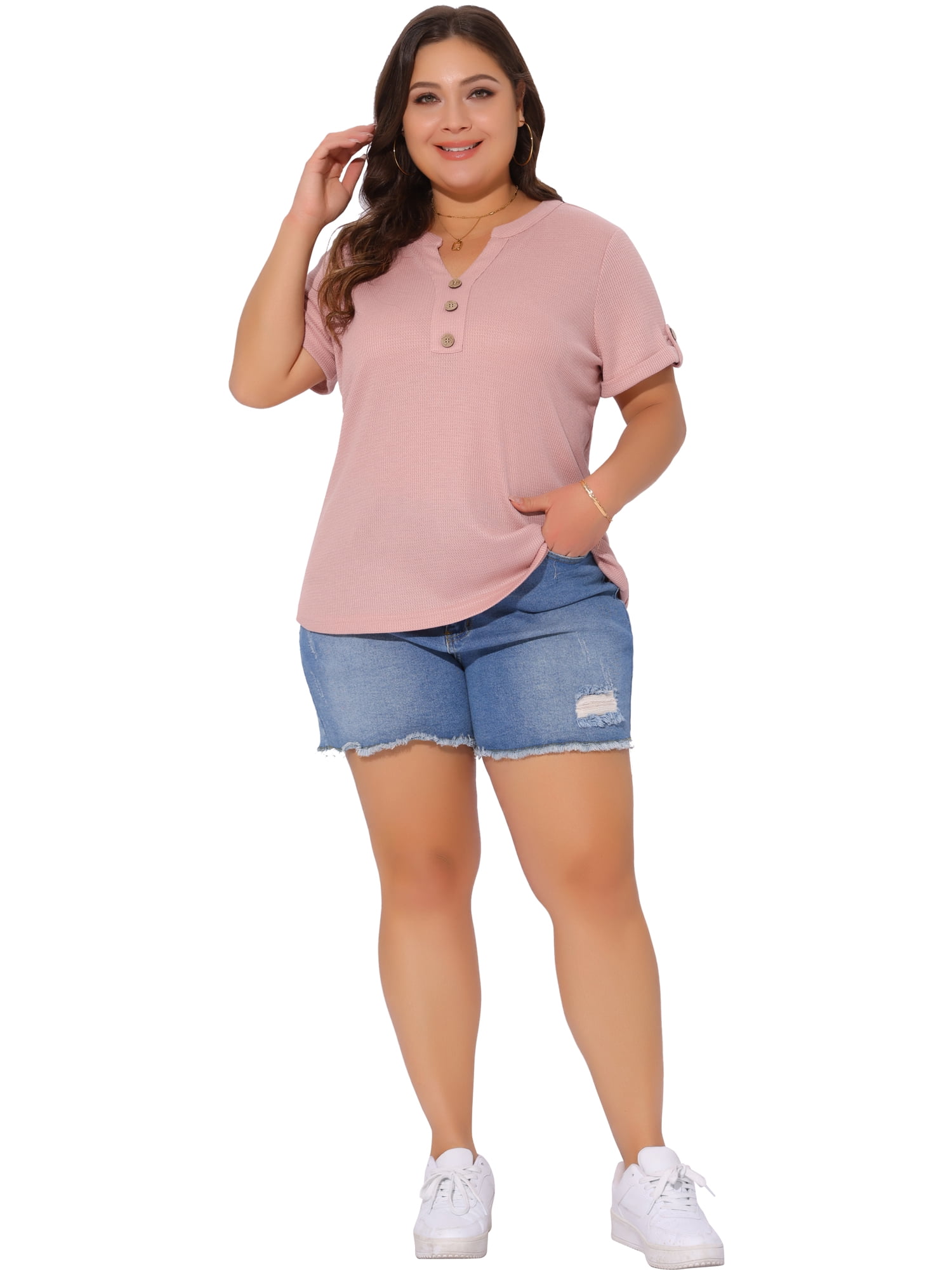 Women's Plus Women's Waffle Tunic Tops Short Sleeve Button V Neck Casual Blouse 3X Pink