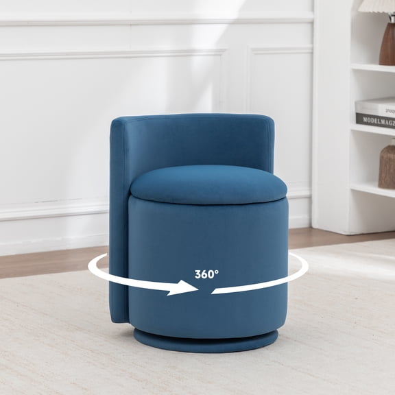MINCETA Vanity Chair with Storage, 360°Swivel Accent Chair with Back, Round Barrel Makeup Stool for Living Room, Bedroom, Velvet Blue