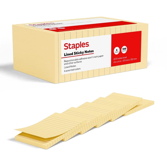 Staples Sticky Notes 4" x 6" Sunshine Collection Lined 100 Sheets/Pad 6 Pads/Pack (ST62872)